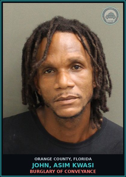 CCW arrest card for JOHN, ASIM KWASI in Orange County: GRAND THEFT 3RD DEGREE-MOTOR VEHICLE