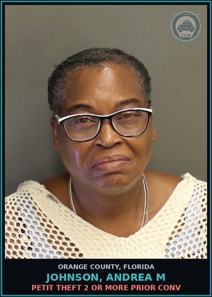 CCW arrest card for JOHNSON, ANDREA M in Orange County: PETIT THEFT 2 OR MORE PRIOR CONV