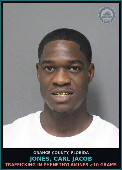 CCW arrest card for JONES, CARL JACOB in Orange County: TRAFFICKING IN PHENETHYLAMINES >10 GRAMS