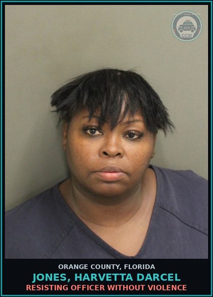 CCW arrest card for JONES, HARVETTA DARCEL in Orange County: RESISTING OFFICER WITHOUT VIOLENCE
