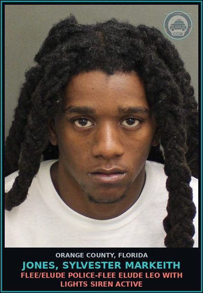 CCW arrest card for JONES, SYLVESTER MARKEITH in Orange County: FLEE/ELUDE POLICE-FLEE ELUDE LEO WITH LIGHTS SIREN ACTIVE