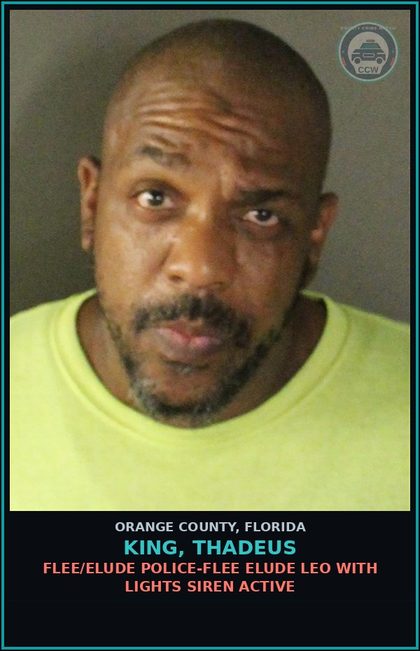 CCW arrest card for KING, THADEUS in Orange County: FLEE/ELUDE POLICE-FLEE ELUDE LEO WITH LIGHTS SIREN ACTIVE