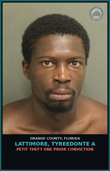 CCW arrest card for LATTIMORE, TYREEDONTE A in Orange County: PETIT THEFT ONE PRIOR CONVICTION