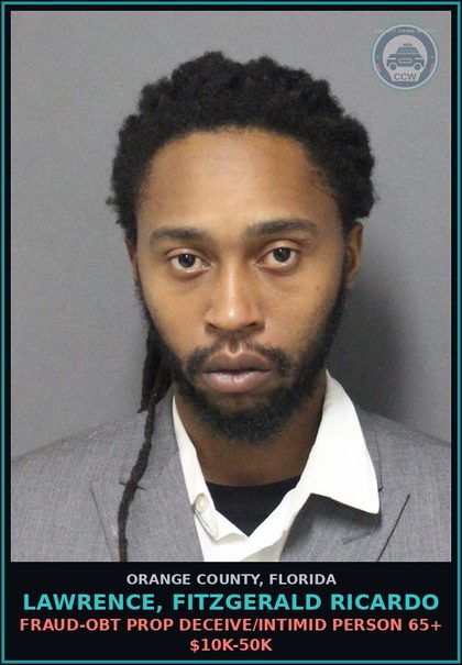 CCW arrest card for LAWRENCE, FITZGERALD RICARDO in Orange County: FRAUD-OBT PROP DECEIVE/INTIMID PERSON 65+ $10K-50K