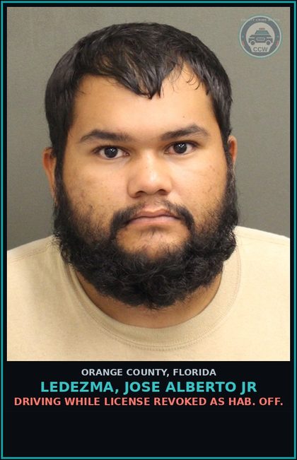 CCW arrest card for LEDEZMA, JOSE ALBERTO JR in Orange County: DRIVING WHILE LICENSE REVOKED AS HAB. OFF.