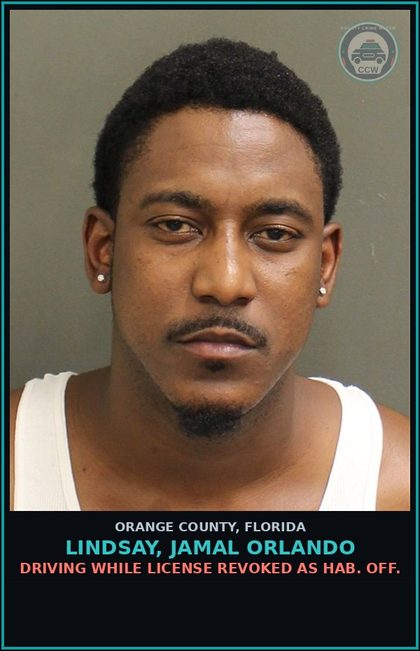 CCW arrest card for LINDSAY, JAMAL ORLANDO in Orange County: DRIVING WHILE LICENSE REVOKED AS HAB. OFF.