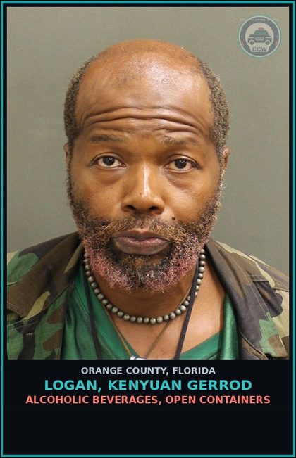CCW arrest card for LOGAN, KENYUAN GERROD in Orange County: ALCOHOLIC BEVERAGES, OPEN CONTAINERS