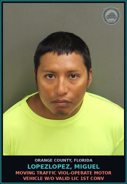 CCW arrest card for LOPEZLOPEZ, MIGUEL in Orange County: MOVING TRAFFIC VIOL-OPERATE MOTOR VEHICLE W/O VALID LIC 1ST CONV