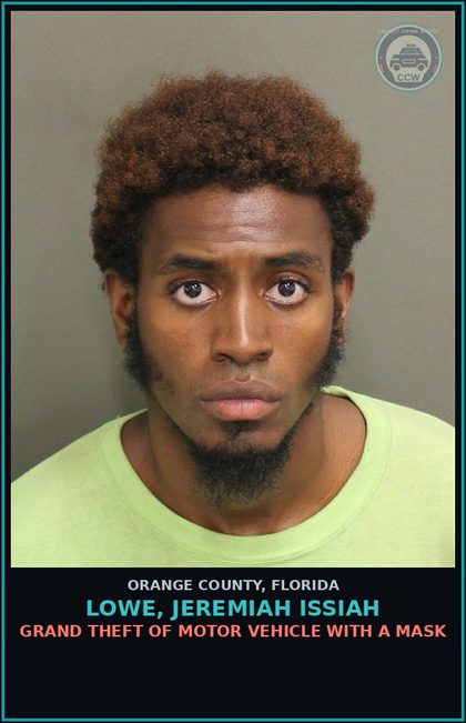 CCW arrest card for LOWE, JEREMIAH ISSIAH in Orange County: GRAND THEFT OF MOTOR VEHICLE WITH A MASK