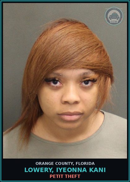 CCW arrest card for LOWERY, IYEONNA KANI in Orange County: PETIT THEFT