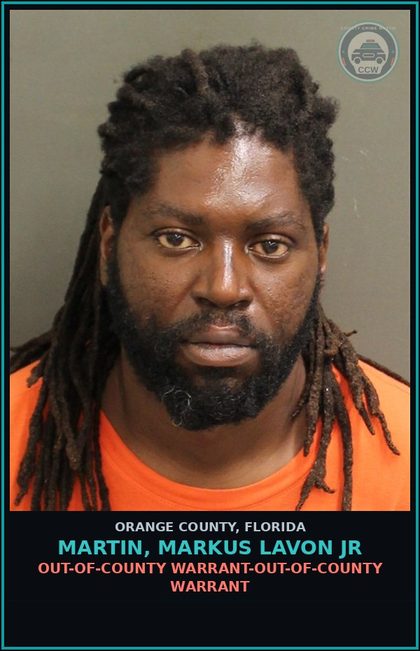CCW arrest card for MARTIN, MARKUS LAVON JR in Orange County: OUT-OF-COUNTY WARRANT-OUT-OF-COUNTY WARRANT