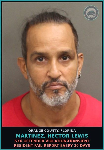 CCW arrest card for MARTINEZ, HECTOR LEWIS in Orange County: s3x OFFENDER VIOLATION-TRANSIENT RESIDENT FAIL REPORT EVERY 30 DAYS