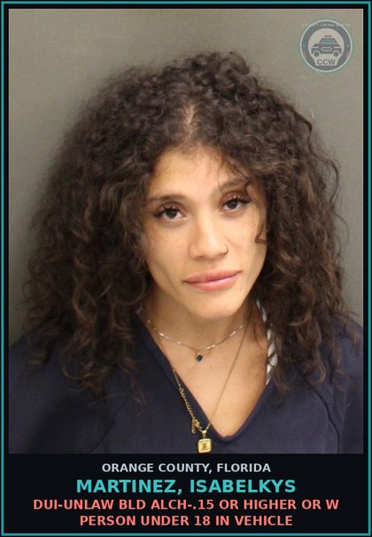 CCW arrest card for MARTINEZ, ISABELKYS in Orange County: DUI-UNLAW BLD ALCH-.15 OR HIGHER OR W PERSON UNDER 18 IN VEHICLE