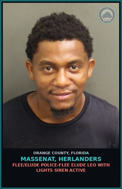 CCW arrest card for MASSENAT, HERLANDERS in Orange County: FLEE/ELUDE POLICE-FLEE ELUDE LEO WITH LIGHTS SIREN ACTIVE