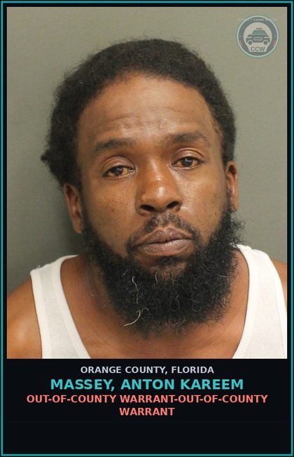 CCW arrest card for MASSEY, ANTON KAREEM in Orange County: OUT-OF-COUNTY WARRANT-OUT-OF-COUNTY WARRANT