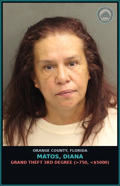 CCW arrest card for MATOS, DIANA in Orange County: GRAND THEFT 3RD DEGREE (>750, <$5000)