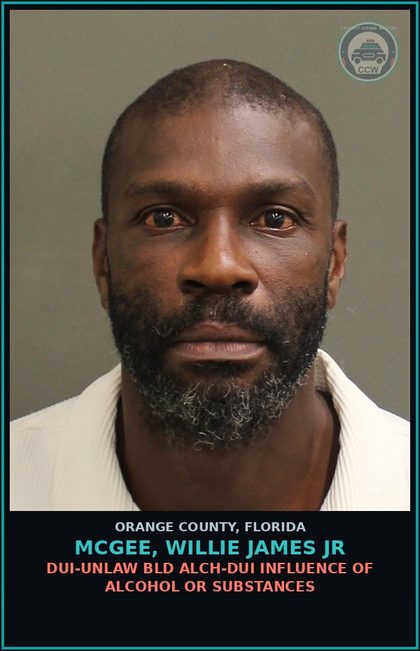 CCW arrest card for MCGEE, WILLIE JAMES JR in Orange County: DUI-UNLAW BLD ALCH-DUI INFLUENCE OF ALCOHOL OR DRUGS