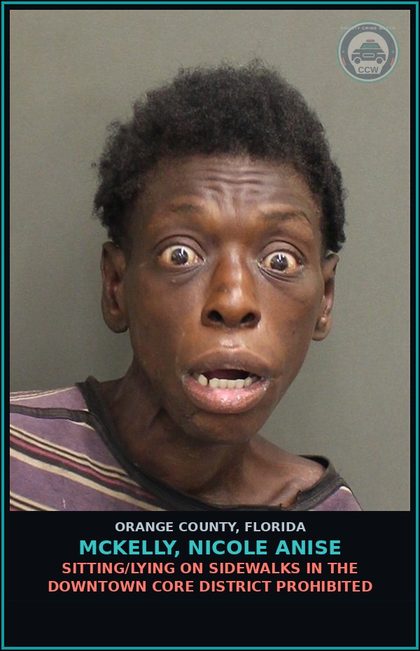 CCW arrest card for MCKELLY, NICOLE ANISE in Orange County: SITTING/LYING ON SIDEWALKS IN THE DOWNTOWN CORE DISTRICT PROHIBITED