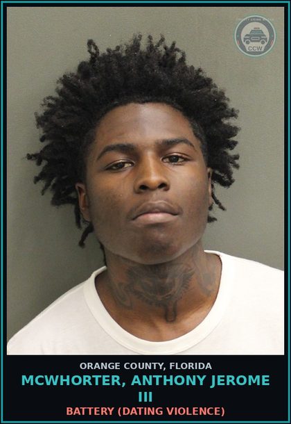 CCW arrest card for MCWHORTER, ANTHONY JEROME III in Orange County: BATTERY (DATING VIOLENCE)