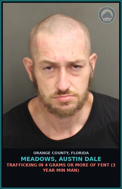 CCW arrest card for MEADOWS, AUSTIN DALE in Orange County: TRAFFICKING IN 4 GRAMS OR MORE OF Fent (3 YEAR MIN MAN)
