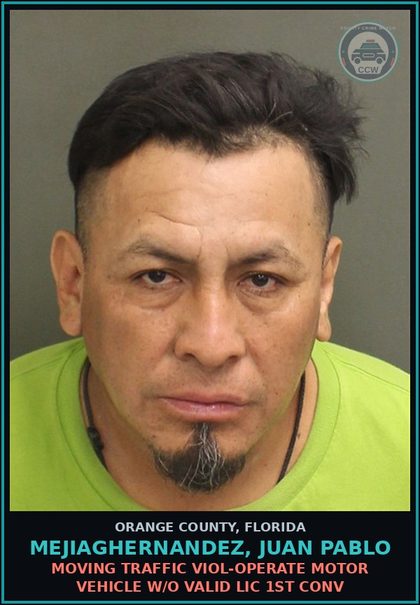 CCW arrest card for MEJIAGHERNANDEZ, JUAN PABLO in Orange County: MOVING TRAFFIC VIOL-OPERATE MOTOR VEHICLE W/O VALID LIC 1ST CONV