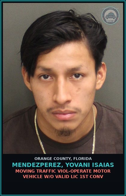CCW arrest card for MENDEZPEREZ, YOVANI ISAIAS in Orange County: MOVING TRAFFIC VIOL-OPERATE MOTOR VEHICLE W/O VALID LIC 1ST CONV