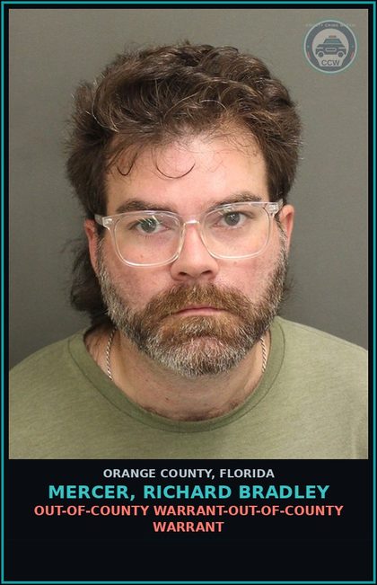 CCW arrest card for MERCER, RICHARD BRADLEY in Orange County: OUT-OF-COUNTY WARRANT-OUT-OF-COUNTY WARRANT