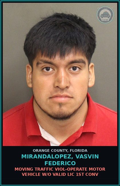 CCW arrest card for MIRANDALOPEZ, VASVIN FEDERICO in Orange County: MOVING TRAFFIC VIOL-OPERATE MOTOR VEHICLE W/O VALID LIC 1ST CONV