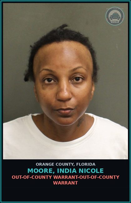 CCW arrest card for MOORE, INDIA NICOLE in Orange County: OUT-OF-COUNTY WARRANT-OUT-OF-COUNTY WARRANT