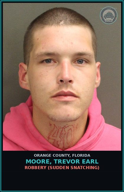CCW arrest card for MOORE, TREVOR EARL in Orange County: ROBBERY (SUDDEN SNATCHING)