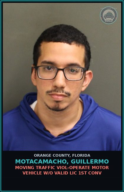 CCW arrest card for MOTACAMACHO, GUILLERMO in Orange County: MOVING TRAFFIC VIOL-OPERATE MOTOR VEHICLE W/O VALID LIC 1ST CONV
