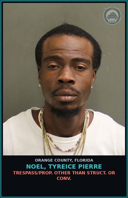 CCW arrest card for NOEL, TYREICE PIERRE in Orange County: TRESPASS/PROP. OTHER THAN STRUCT. OR CONV.