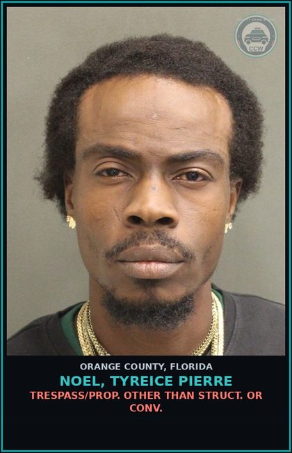 CCW arrest card for NOEL, TYREICE PIERRE in Orange County: TRESPASS/PROP. OTHER THAN STRUCT. OR CONV.