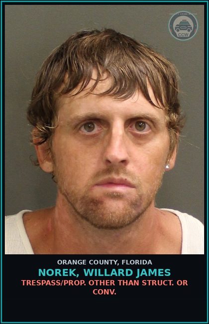 CCW arrest card for NOREK, WILLARD JAMES in Orange County: TRESPASS/PROP. OTHER THAN STRUCT. OR CONV.