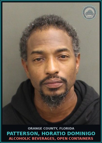 CCW arrest card for PATTERSON, HORATIO DOMINIGO in Orange County: ALCOHOLIC BEVERAGES, OPEN CONTAINERS