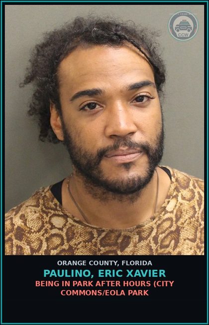 CCW arrest card for PAULINO, ERIC XAVIER in Orange County: BEING IN PARK AFTER HOURS (CITY COMMONS/EOLA PARK