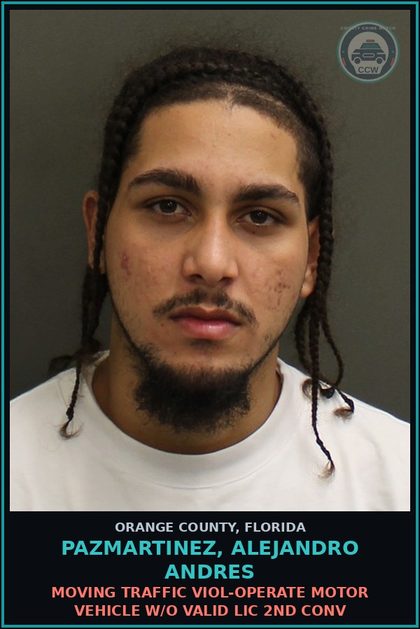 CCW arrest card for PAZMARTINEZ, ALEJANDRO ANDRES in Orange County: MOVING TRAFFIC VIOL-OPERATE MOTOR VEHICLE W/O VALID LIC 2ND CONV
