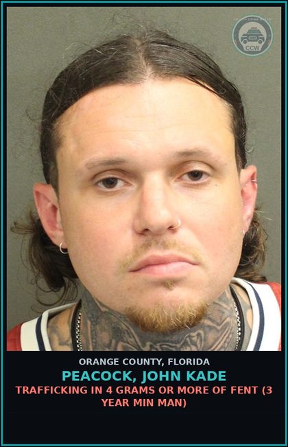 CCW arrest card for PEACOCK, JOHN KADE in Orange County: OUT-OF-COUNTY WARRANT-OUT-OF-COUNTY WARRANT