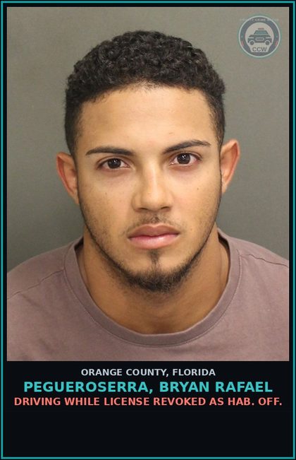 CCW arrest card for PEGUEROSERRA, BRYAN RAFAEL in Orange County: DRIVING WHILE LICENSE REVOKED AS HAB. OFF.