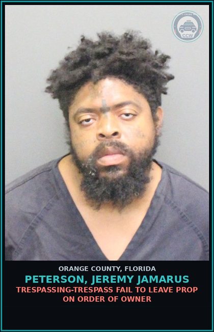 CCW arrest card for PETERSON, JEREMY JAMARUS in Orange County: INDECENT EXPOSURE-VULGAR INDECENT PUBLIC NUDITY 2ND SUBSQ OFF