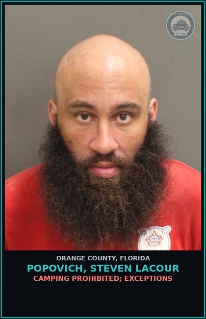 CCW arrest card for POPOVICH, STEVEN LACOUR in Orange County: CAMPING PROHIBITED; EXCEPTIONS