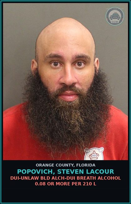 CCW arrest card for POPOVICH, STEVEN LACOUR in Orange County: ALCOHOLIC BEVERAGES, OPEN CONTAINERS