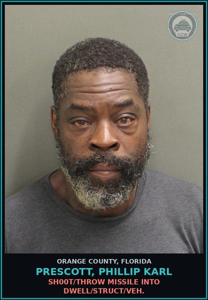 CCW arrest card for PRESCOTT, PHILLIP KARL in Orange County: SHOOT/THROW MISSILE INTO DWELL/STRUCT/VEH.