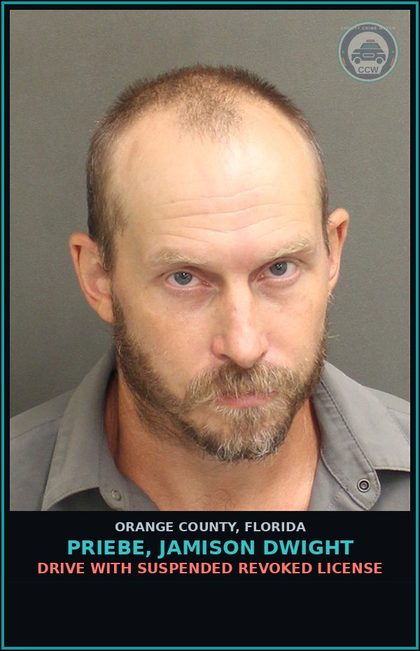 CCW arrest card for PRIEBE, JAMISON DWIGHT in Orange County: DRIVE WITH SUSPENDED REVOKED LICENSE