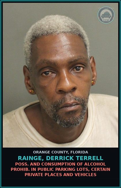 CCW arrest card for RAINGE, DERRICK TERRELL in Orange County: POSS. AND CONSUMPTION OF ALCOHOL PROHIB. IN PUBLIC PARKING LOTS, CERTAIN PRIVATE PLACES AND VEHICLES