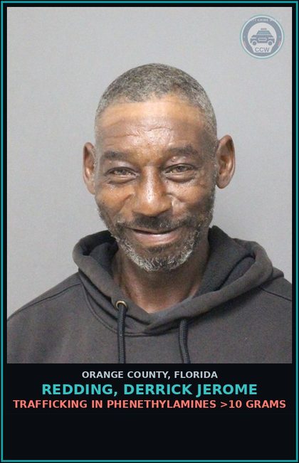 CCW arrest card for REDDING, DERRICK JEROME in Orange County: TRAFFICKING IN PHENETHYLAMINES >10 GRAMS