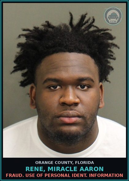 CCW arrest card for RENE, MIRACLE AARON in Orange County: THEFT >=$300,<$10,000 FROM 65 YOA OR OLDER