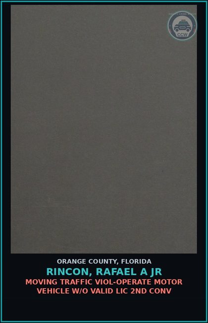 CCW arrest card for RINCON, RAFAEL A JR in Orange County: MOVING TRAFFIC VIOL-OPERATE MOTOR VEHICLE W/O VALID LIC 2ND CONV
