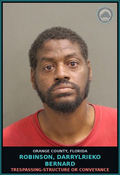 CCW arrest card for ROBINSON, DARRYLRIEKO BERNARD in Orange County: TRESPASSING-STRUCTURE OR CONVEYANCE