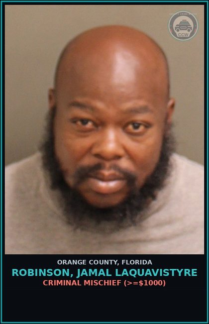 CCW arrest card for ROBINSON, JAMAL LAQUAVISTYRE in Orange County: CRIMINAL MISCHIEF (>=$1000)